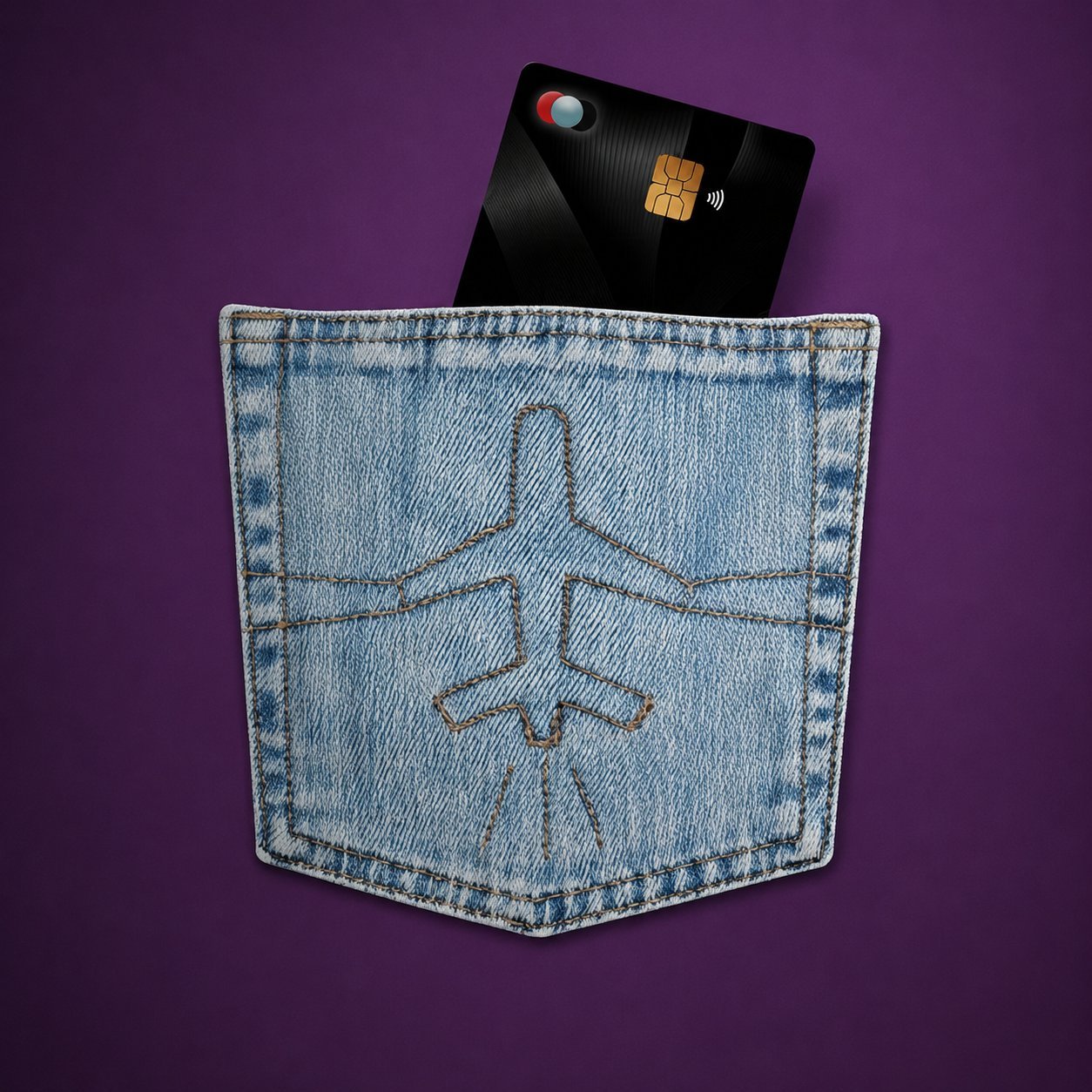 Blink travel card tucked into a denim back pocket stitched with an airplane design