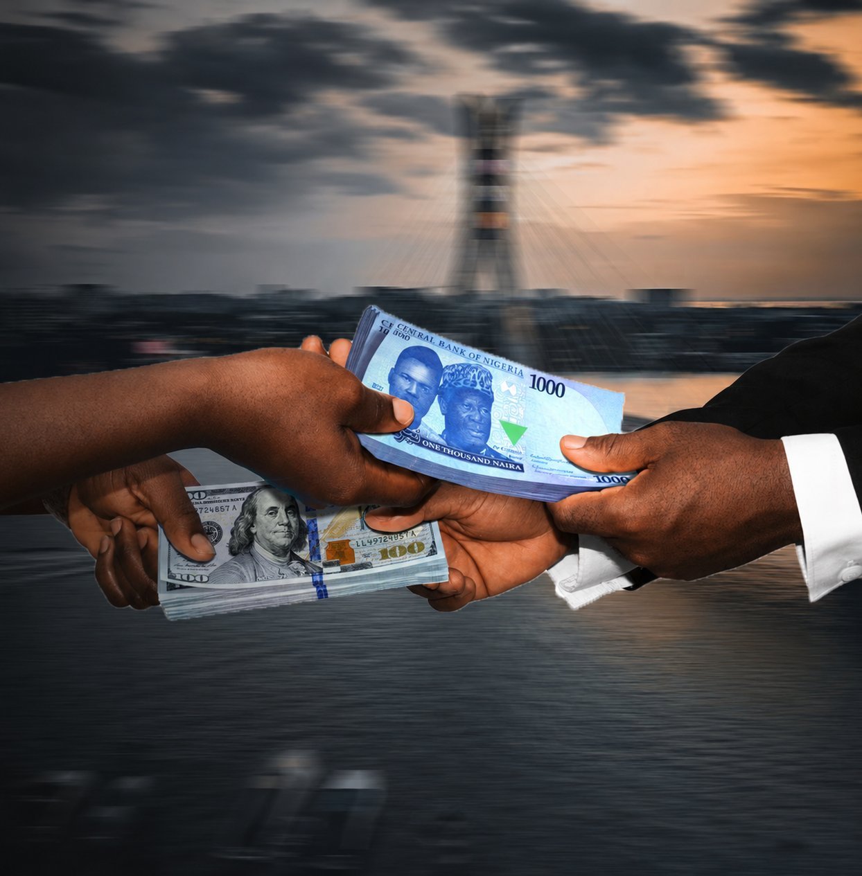 Hands exchanging Naira and Dollar notes with the Lagos Third Mainland Bridge in the background